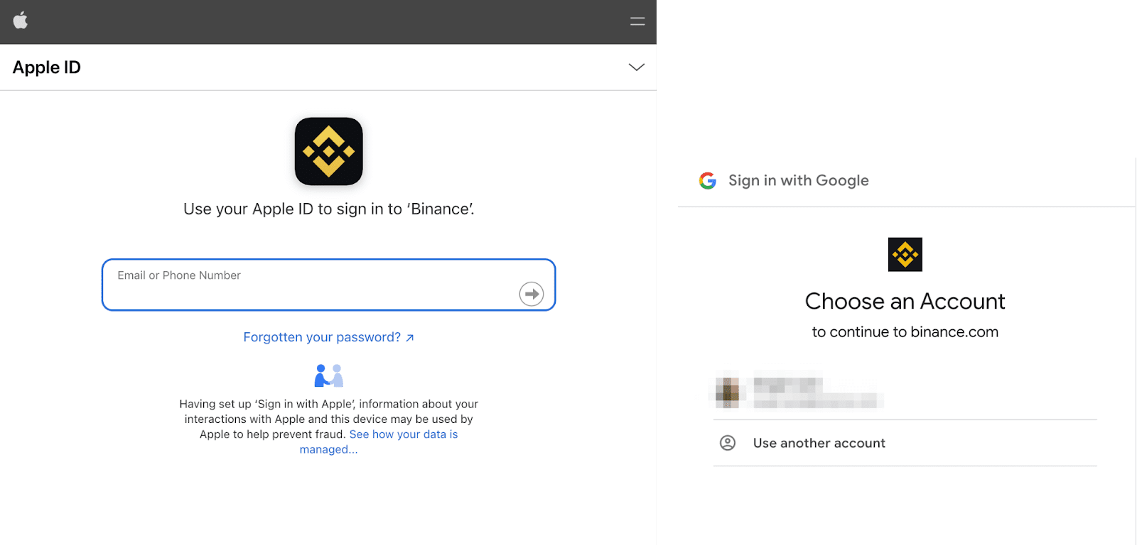 Opciones alternativas de registro en Binance — Apple y Google