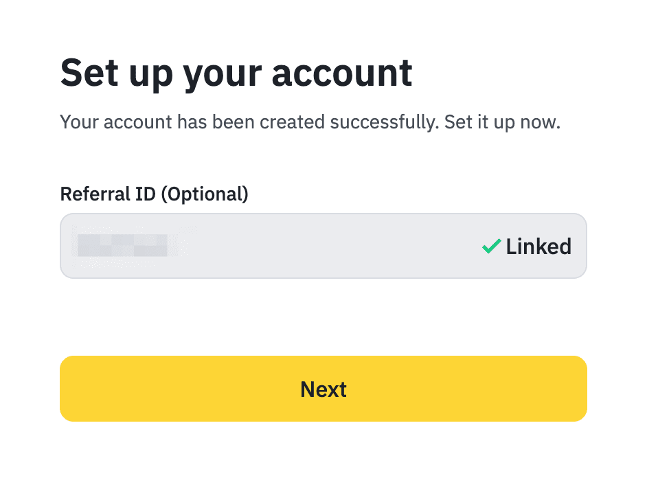 Pantalla de éxito de creación de cuenta de Binance